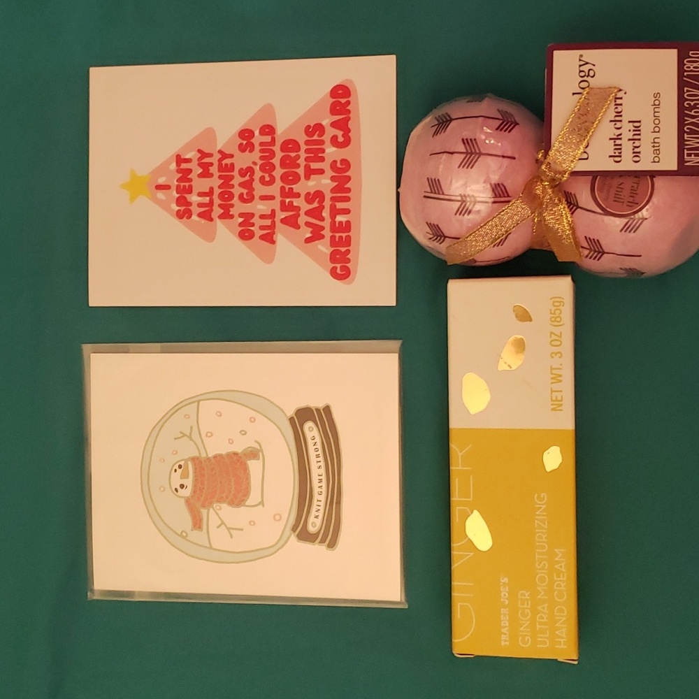 'Oh crap, you got me a present!' Starter Kit.  Bath set+Christmas cards.